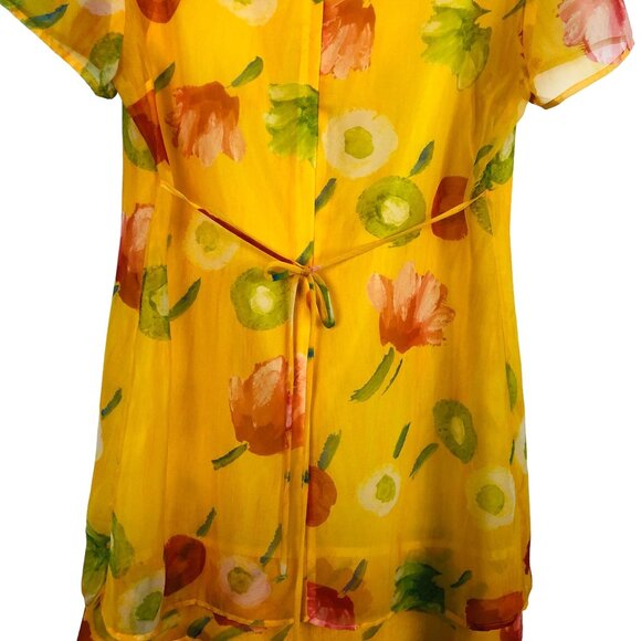 Vtg Byer Studio Women's Sheer Dress Size 14 Floral Print Yellow 3-Tiered Hem - Picture 7 of 12